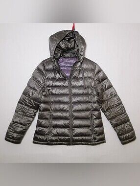 Andrew Marc Packable Lightweight Premium Down Puffer Jacket Large Silver Hooded